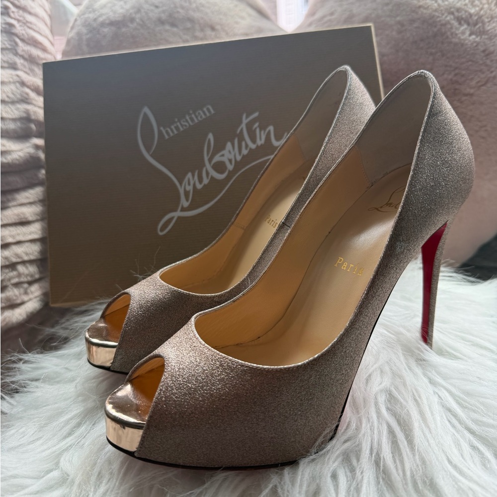 Christian Louboutin Metallic Gold Peep-Toe Platform Pumps with Red Sole